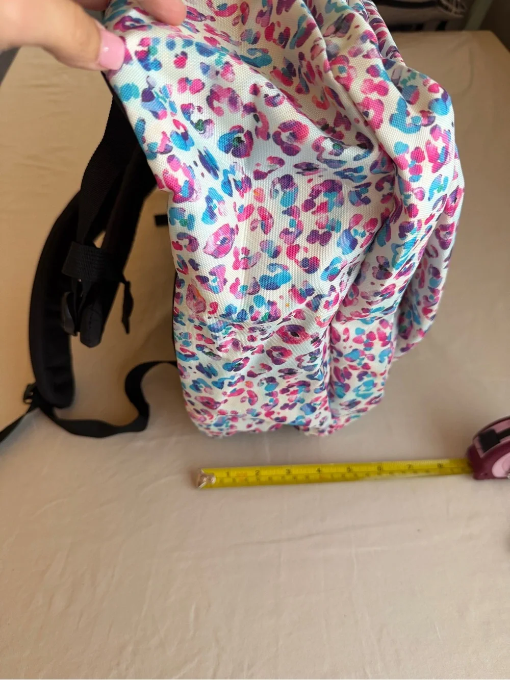 JanSport Backpack in White with Pink & Blue Leopard Print